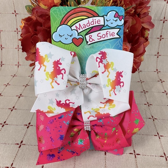 Maddie & Sophie XL Hairbows Unicorns Hearts Rainbow Colorful Splatter 4 Bows - Picture 3 of 3